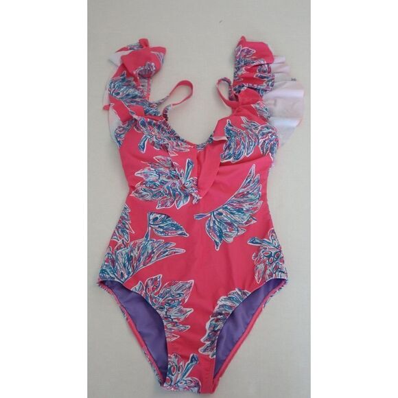 Nicole Miller Women's Sz S Pink Floral Cold Shoulder w/Ruffle 1-Pc Swimsuit $120 - Picture 5 of 7